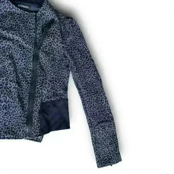Express Moto Jacket Leopard Zipper Cuffs Asymmetrical Full Zip Gray Black Small - Picture 2 of 7